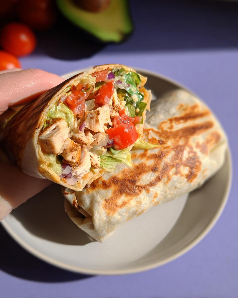 A hand holds a cross-section of an Easy Chipotle Ranch Grilled Chicken Burrito showing grilled chicken, lettuce, tomatoes, and onion.