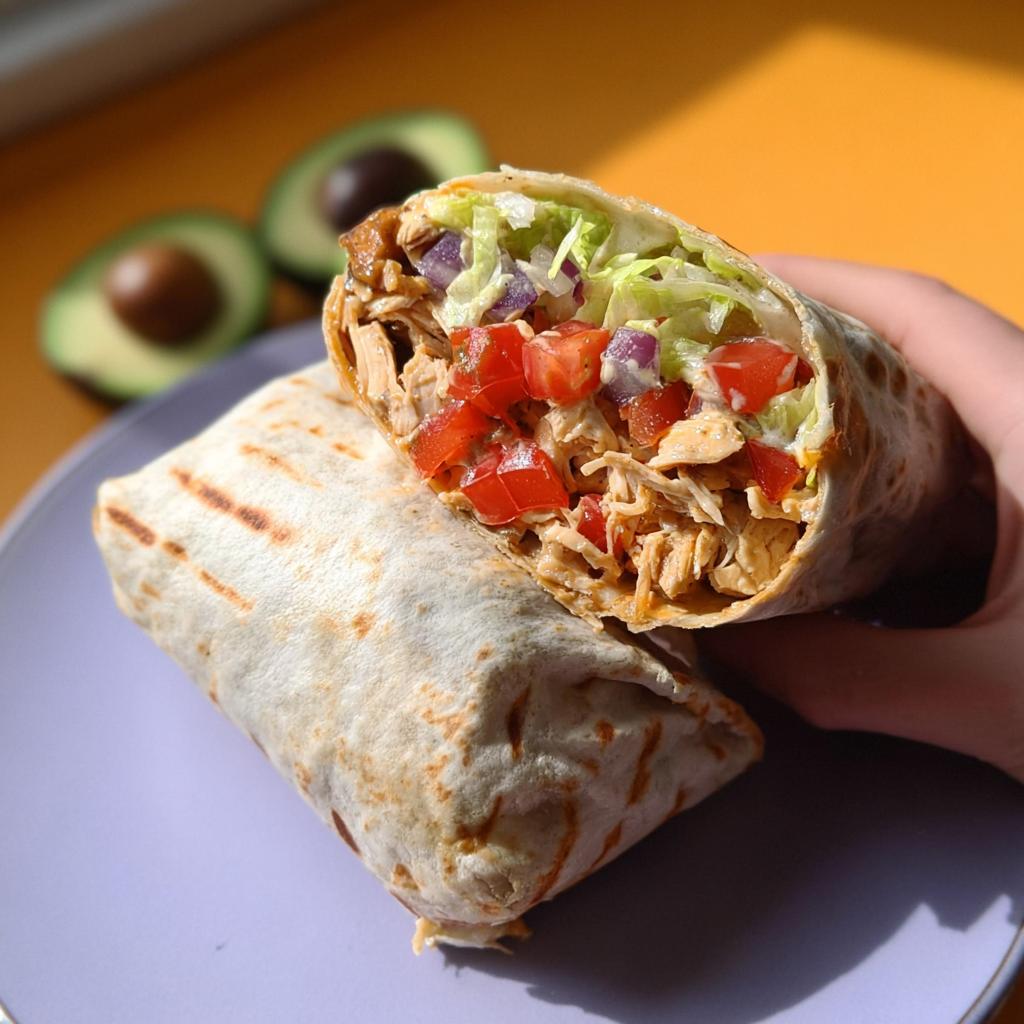 A hand holds a grilled Easy Chipotle Ranch Grilled Chicken Burrito cut in half, showing shredded chicken, lettuce, tomato, and onion.