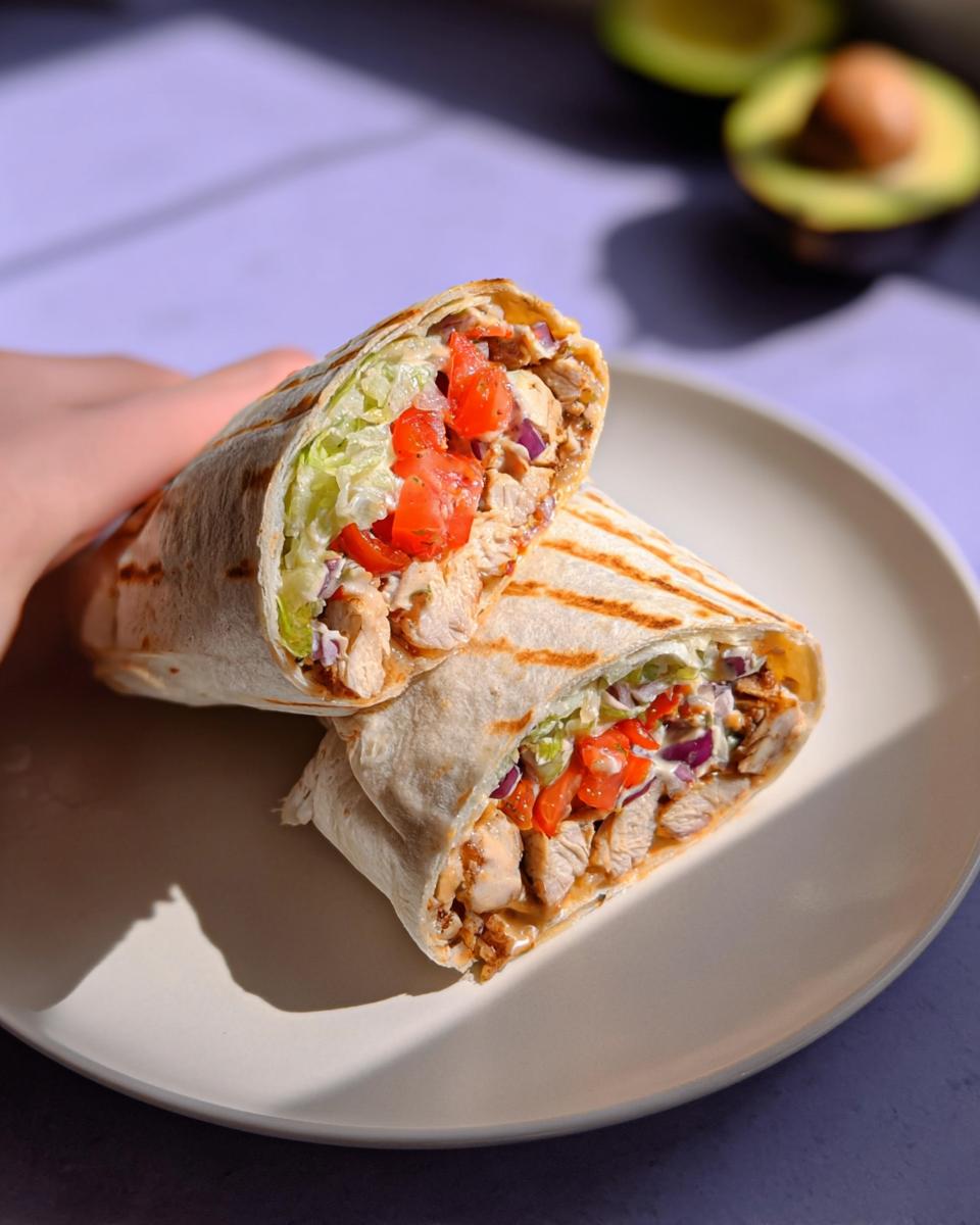 A hand holds a grilled Easy Chipotle Ranch Grilled Chicken Burrito cut in half, showing chicken, lettuce, tomato, and onion.