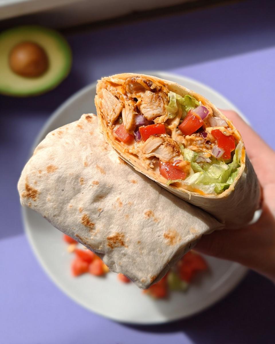 A hand holds a halved Easy Chipotle Ranch Grilled Chicken Burrito showing chicken, lettuce, tomato, and sauce.