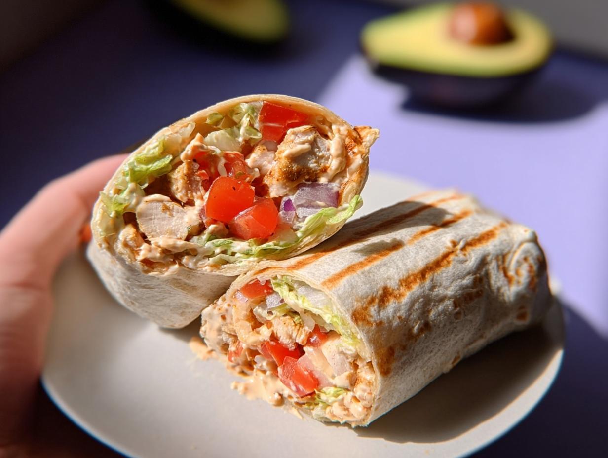 A halved Easy Chipotle Ranch Grilled Chicken Burrito showing grilled chicken, lettuce, tomatoes, and creamy sauce inside a toasted tortilla.