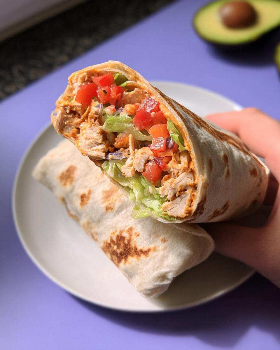 A hand holding half of an Easy Chipotle Ranch Grilled Chicken Burrito, revealing shredded chicken, lettuce, and tomatoes.
