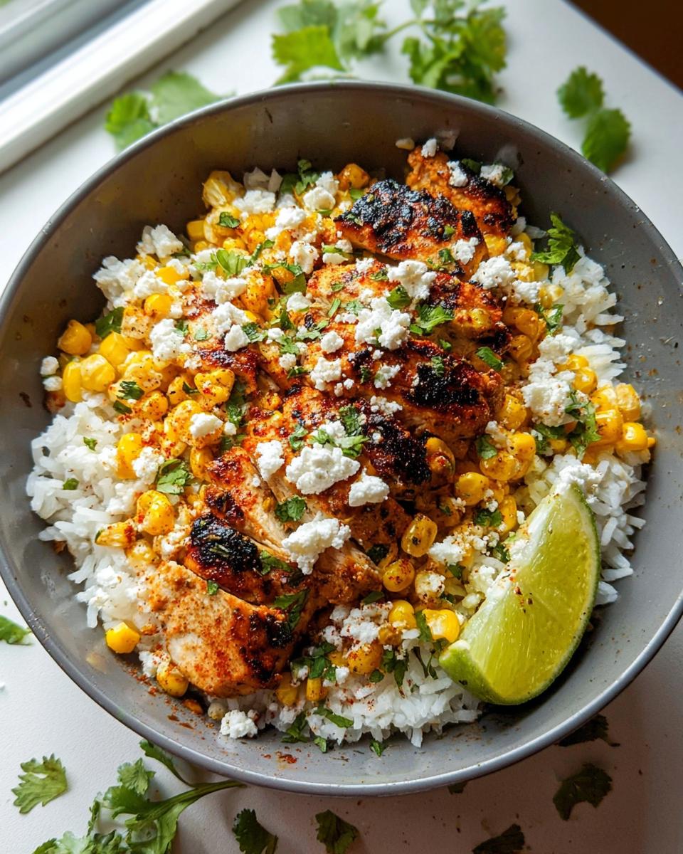 Close-up of an Easy Street Corn Chicken Bowl featuring seasoned chicken, corn, rice, cotija cheese, and a lime wedge.
