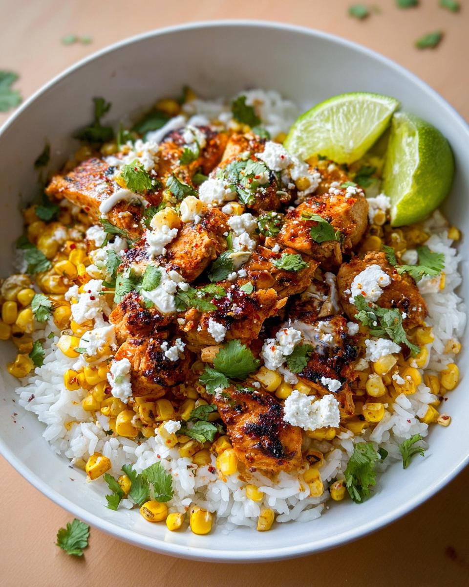 Close-up of an Easy Street Corn Chicken Bowl featuring seasoned chicken, rice, cotija cheese, and lime wedges.
