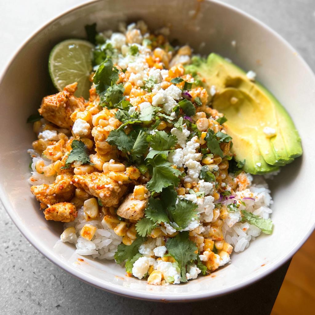 Close-up of an Easy Street Corn Chicken Bowl with rice, seasoned chicken, corn, cotija cheese, and cilantro.