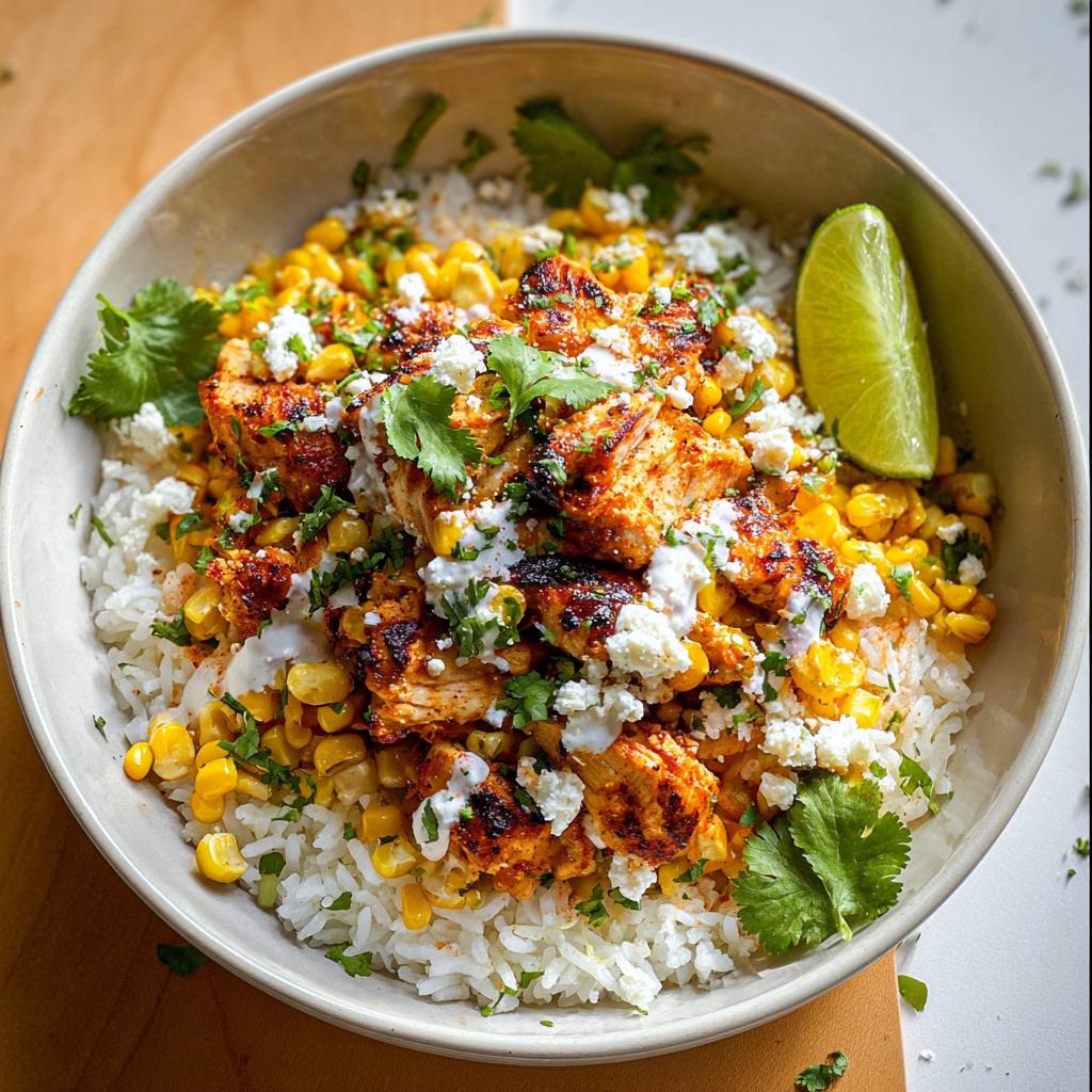 A close-up of the Easy Street Corn Chicken Bowl featuring seasoned chicken, corn, rice, cotija cheese, and a lime wedge.