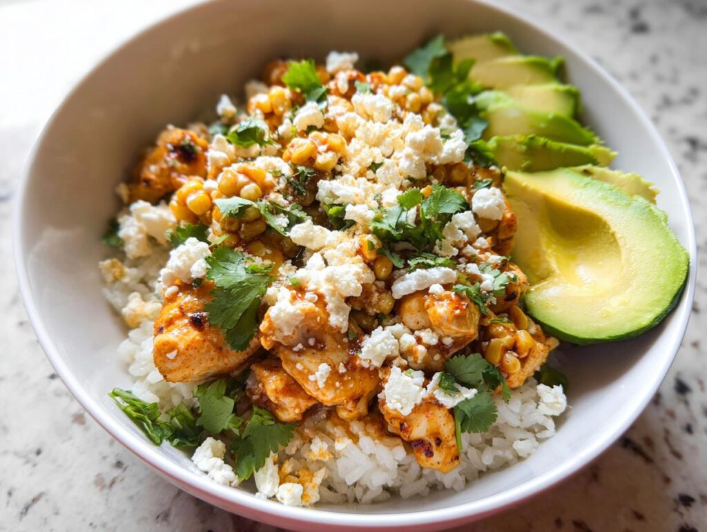 Close-up of an Easy Street Corn Chicken Bowl served over white rice, topped with cotija cheese and cilantro, with sliced avocado on the side.
