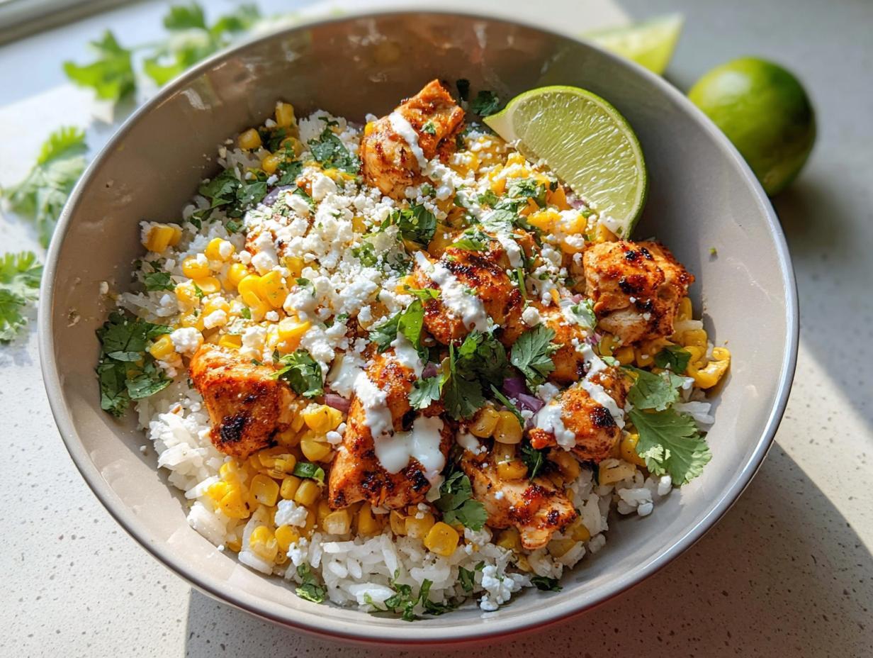 Close-up of an Easy Street Corn Chicken Bowl with grilled chicken, corn, rice, cotija cheese, and a lime wedge.