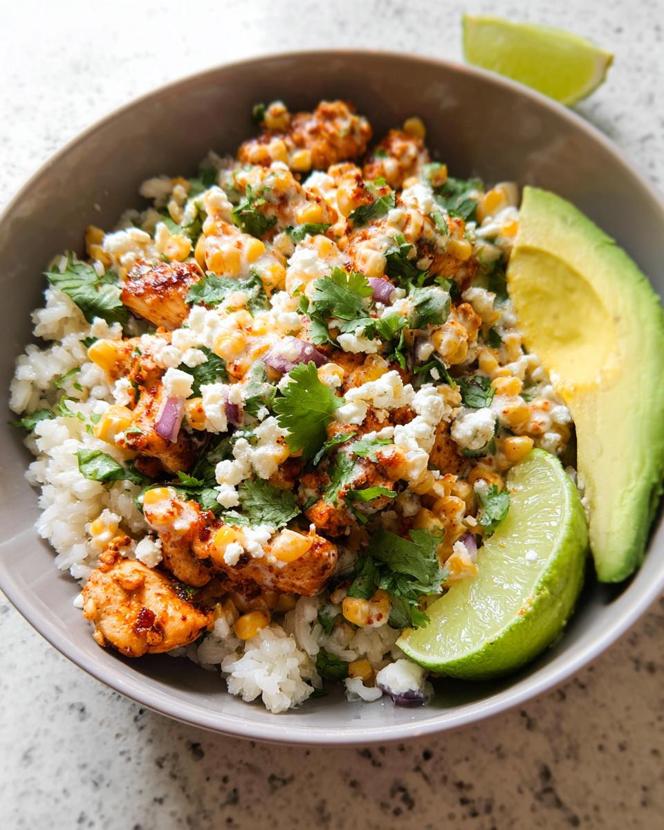 A close-up of an Easy Street Corn Chicken Bowl with rice, seasoned chicken, corn, cotija cheese, cilantro, and avocado slices.