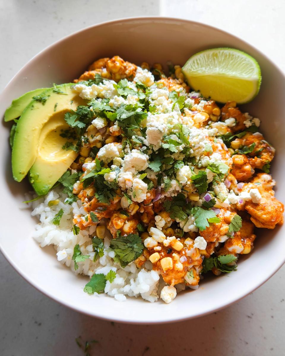 A vibrant Easy Street Corn Chicken Bowl served over white rice, topped with cotija cheese, cilantro, avocado, and a lime wedge.