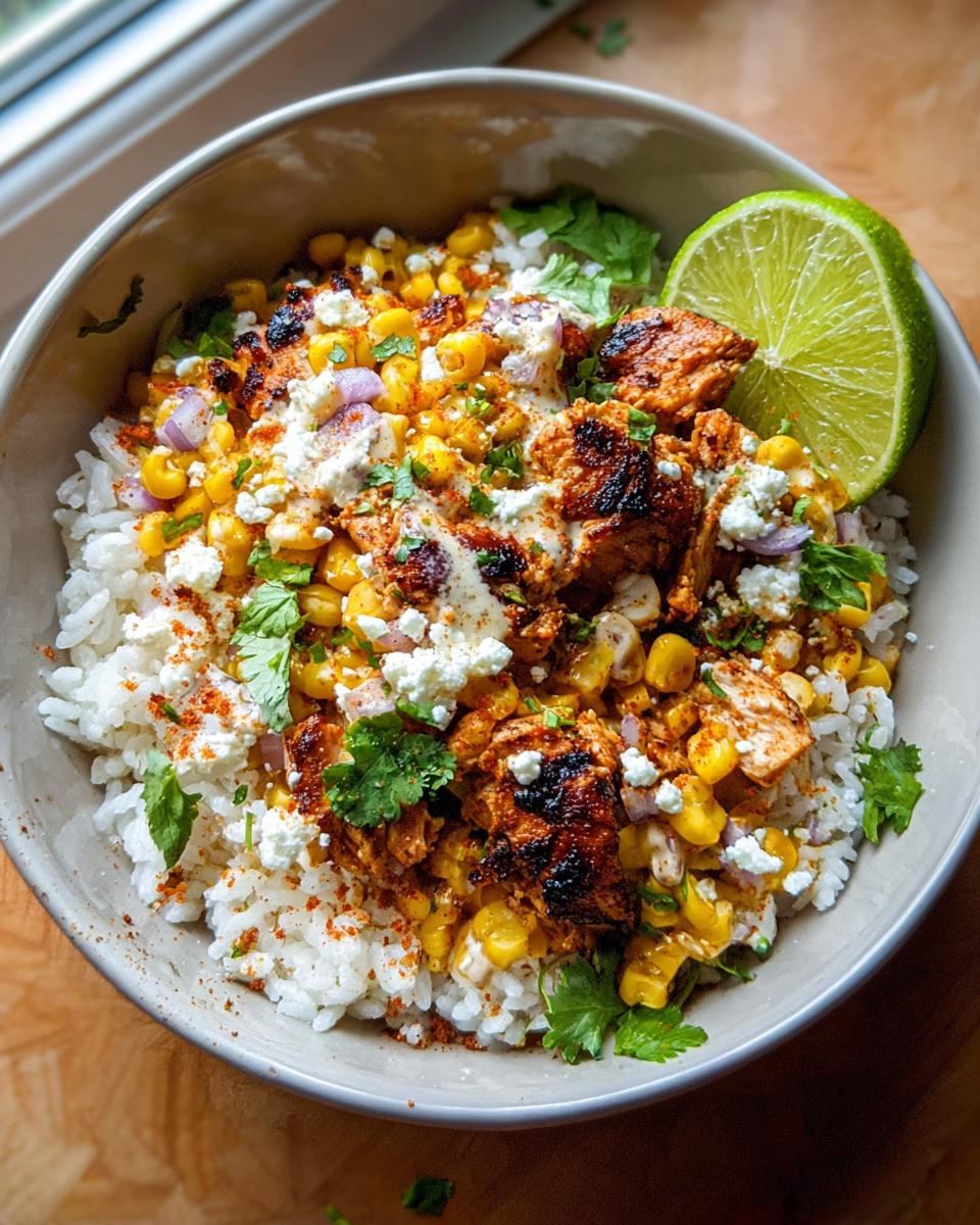 Overhead view of an Easy Street Corn Chicken Bowl featuring rice, charred chicken, corn, cotija cheese, and a lime wedge.