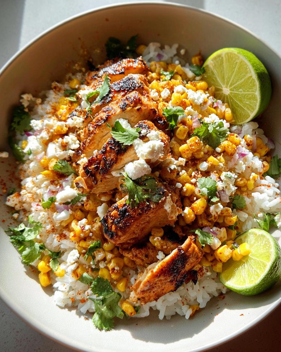 Close-up of an Easy Street Corn Chicken Bowl featuring sliced grilled chicken over rice and elote-style corn mix.