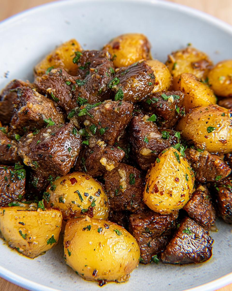 Close-up of juicy Garlic Steak Bites and Potatoes coated in a savory garlic butter sauce and topped with parsley.