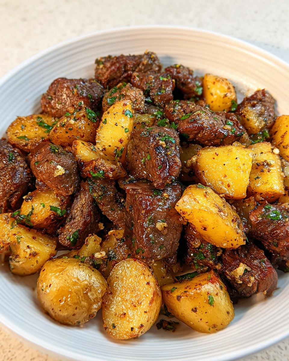 Close-up of juicy Garlic Steak Bites and Potatoes coated in garlic butter and herbs.