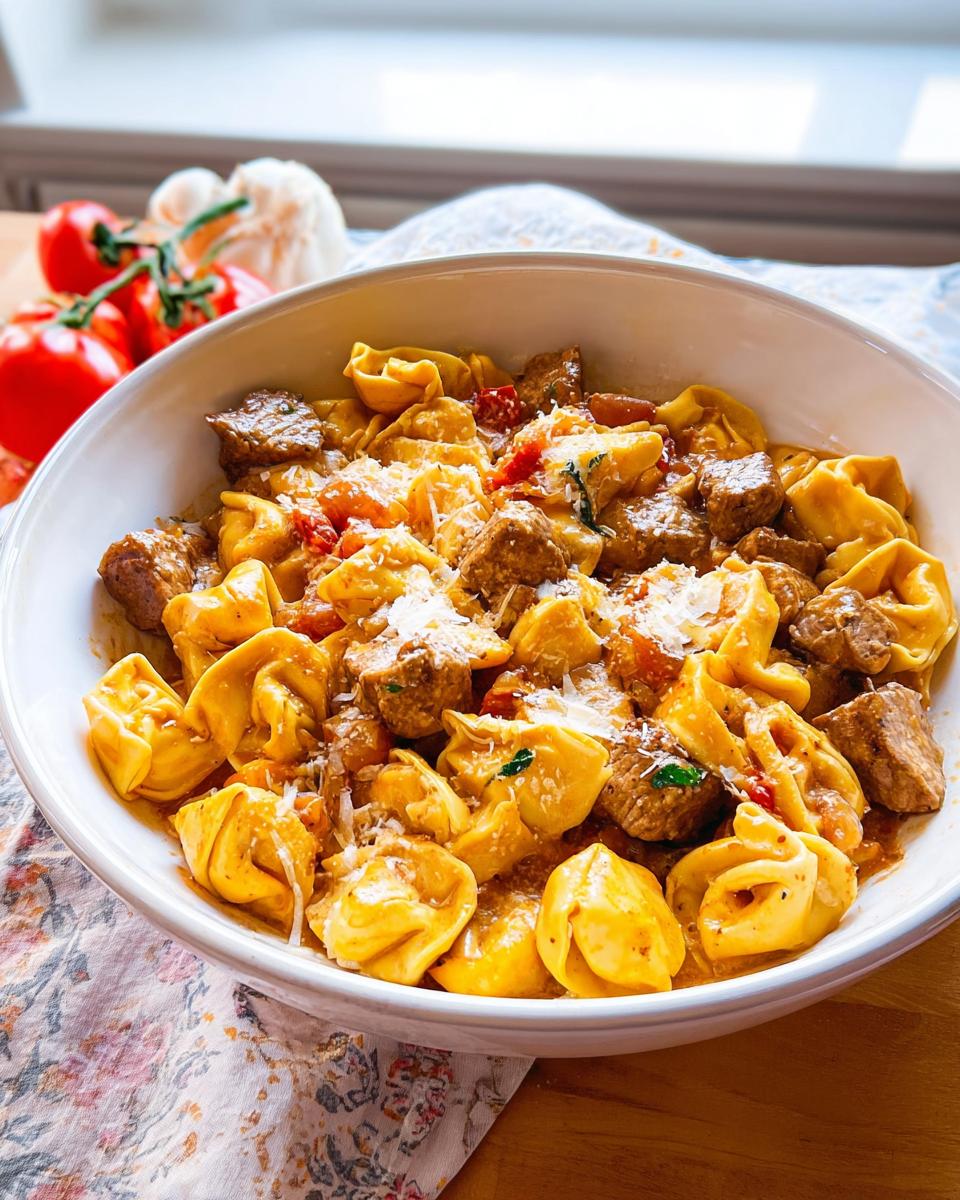 A white bowl filled with creamy Garlic Steak Tortellini, topped with grated Parmesan cheese.