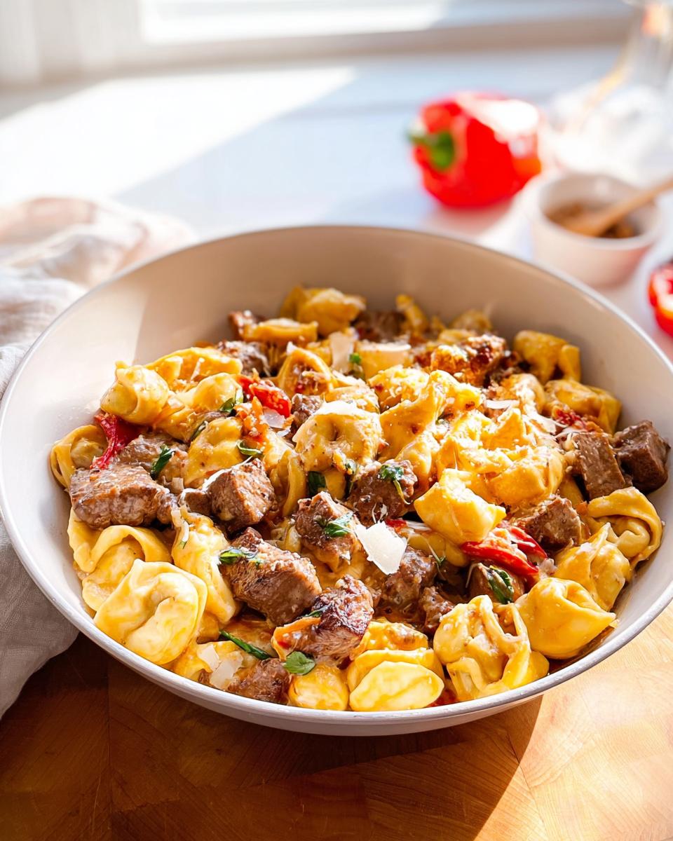 A white bowl filled with creamy Garlic Steak Tortellini, featuring chunks of steak and shaved Parmesan cheese.