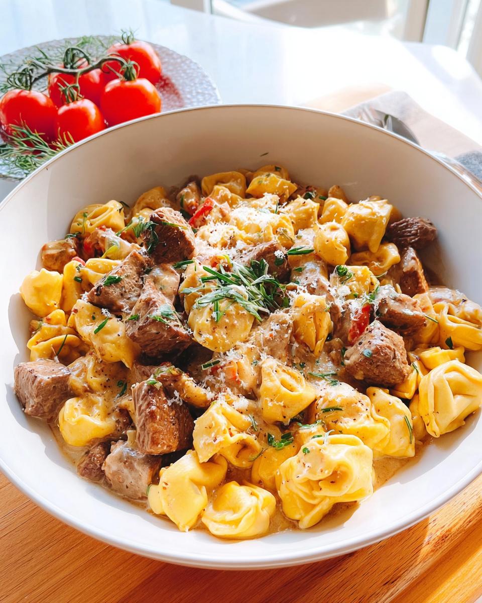 A close-up of a white bowl filled with creamy Garlic Steak Tortellini, topped with cheese and herbs.