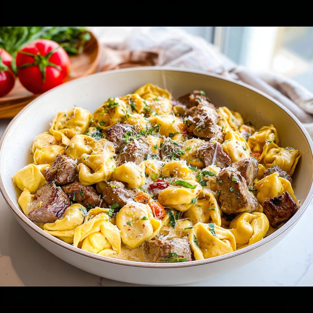 A creamy bowl filled with Garlic Steak Tortellini, topped with grated cheese and fresh parsley.