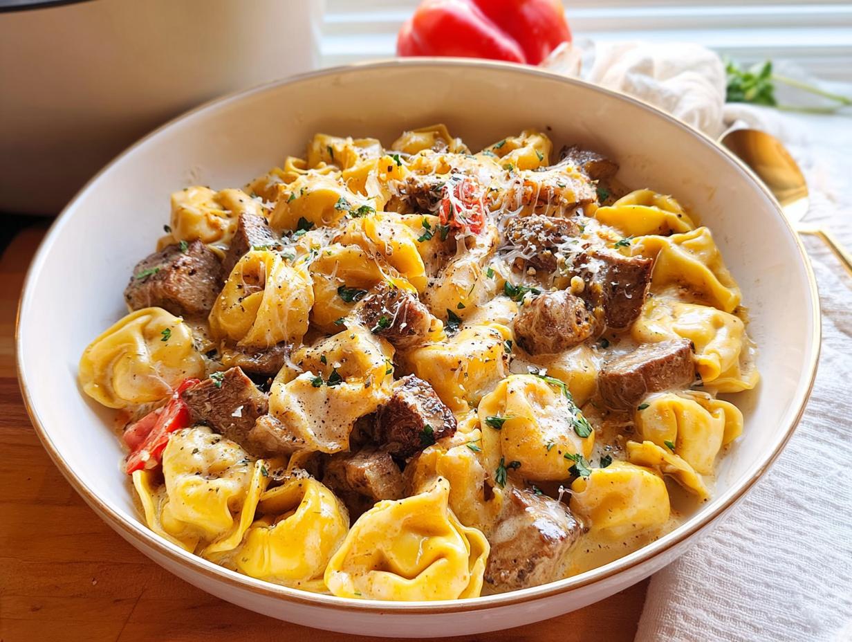 A close-up of a bowl filled with creamy Garlic Steak Tortellini, topped with parmesan cheese and parsley.