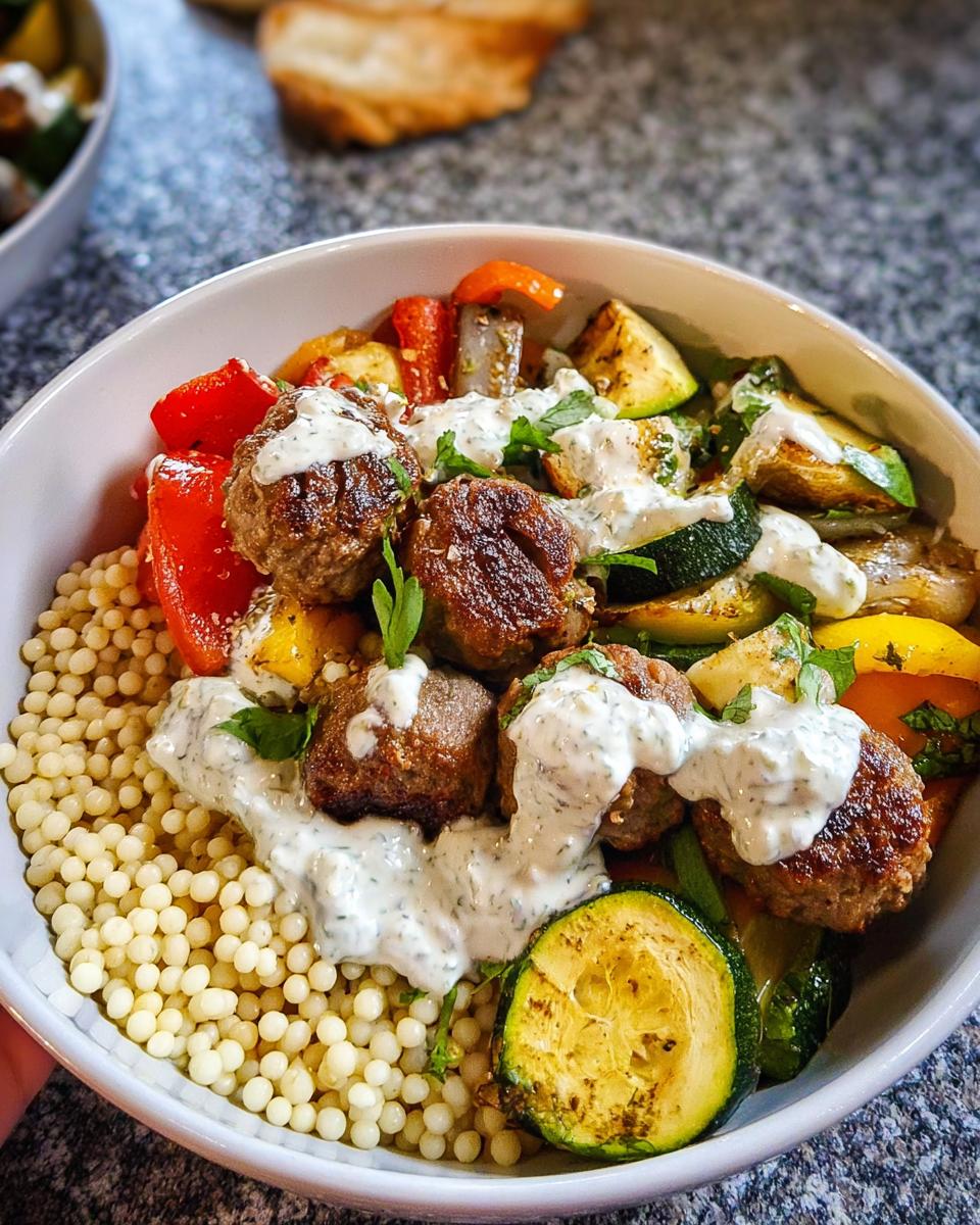 A close-up of a Greek Meatball Bowl Recipe featuring seasoned meatballs, roasted vegetables, pearl couscous, and a generous drizzle of white sauce.