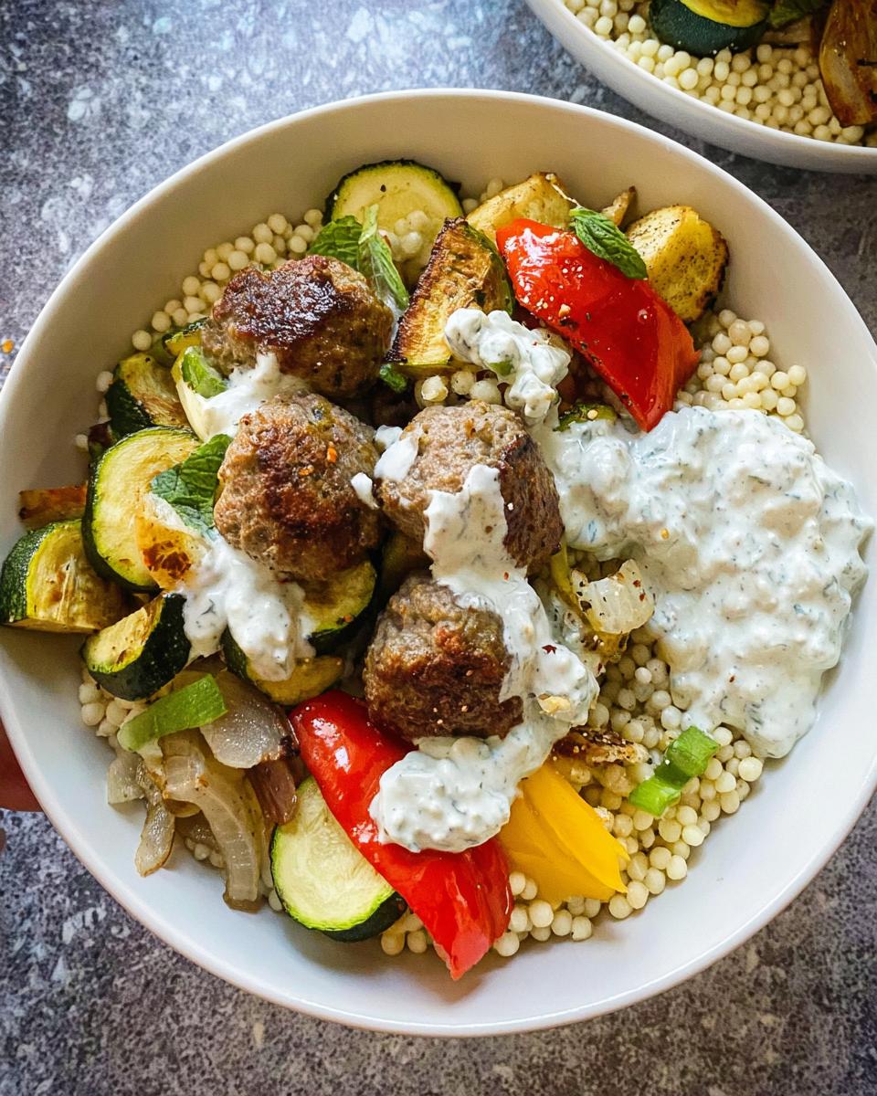 Overhead view of a Greek Meatball Bowl Recipe featuring meatballs, roasted vegetables, Israeli couscous, and a generous drizzle of tzatziki sauce.