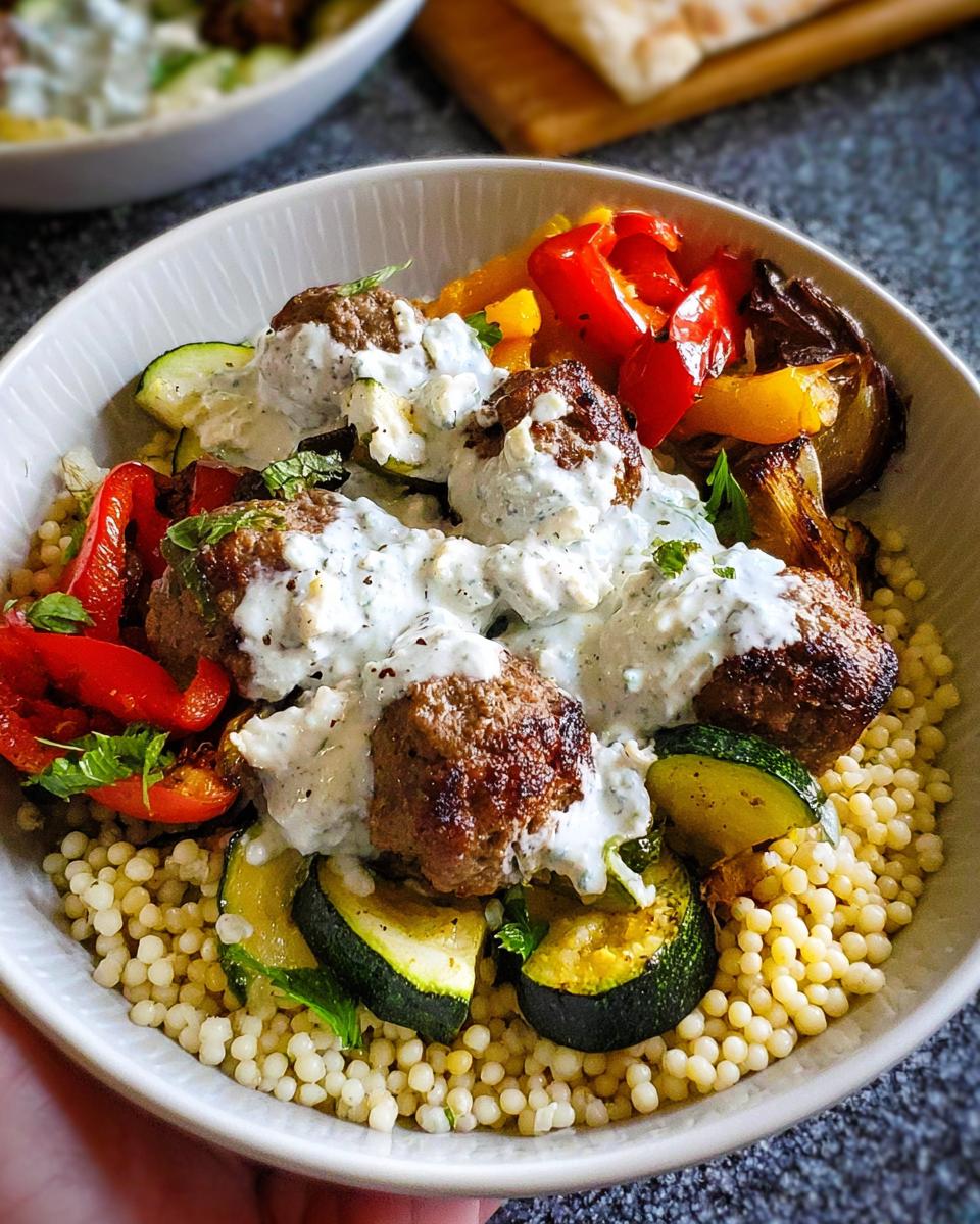 A close-up of a Greek Meatball Bowl Recipe featuring seasoned meatballs, grilled zucchini, peppers, and a creamy tzatziki sauce over pearl couscous.