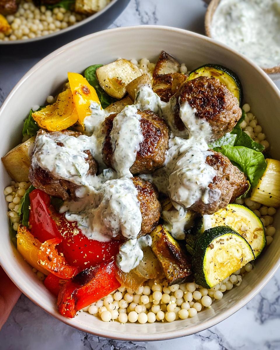 Close-up of a Greek Meatball Bowl Recipe featuring meatballs, roasted vegetables, Israeli couscous, and tzatziki sauce.