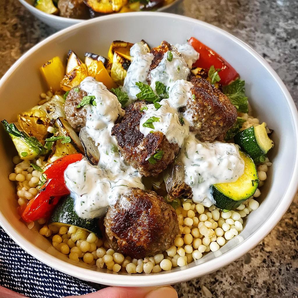 A close-up of a Greek Meatball Bowl Recipe featuring meatballs, grilled vegetables, Israeli couscous, and a generous drizzle of tzatziki sauce.