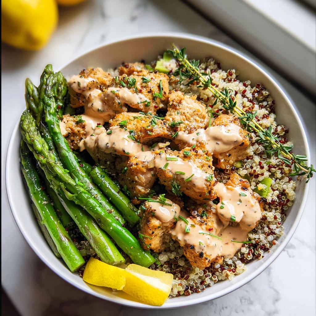 A close-up of a Healthy Lemon Garlic Chicken Meal Prep Bowl featuring seasoned chicken, quinoa, and bright green asparagus.