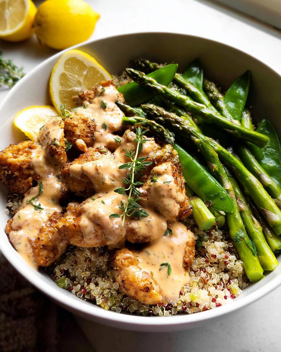 Close-up of a Healthy Lemon Garlic Chicken Meal Prep Bowl with quinoa, asparagus, and creamy sauce.