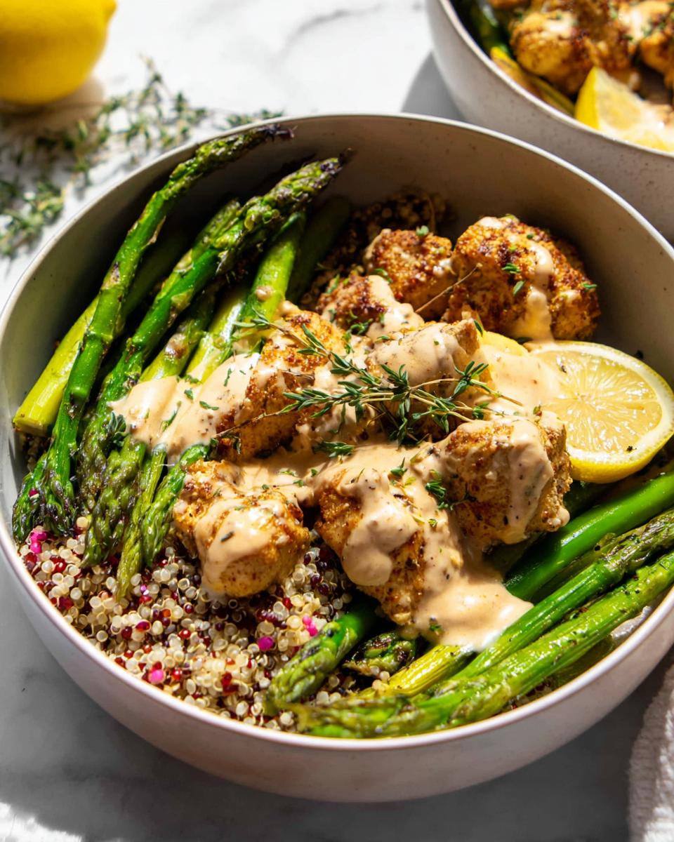 Close-up of a Healthy Lemon Garlic Chicken Meal Prep Bowl featuring quinoa, asparagus, and creamy sauce.