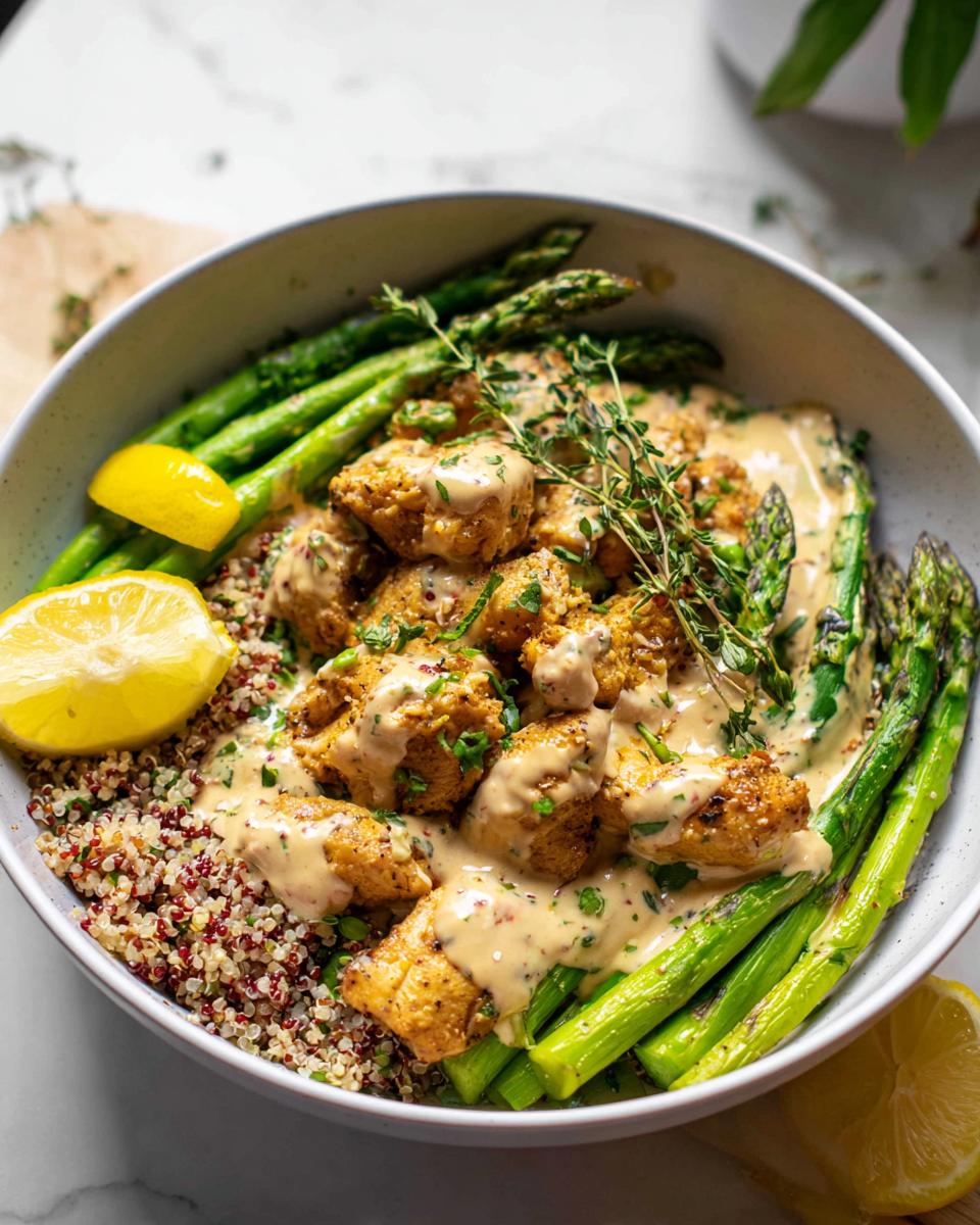 A close-up of a Healthy Lemon Garlic Chicken Meal Prep Bowl featuring seasoned chicken, asparagus, and quinoa.