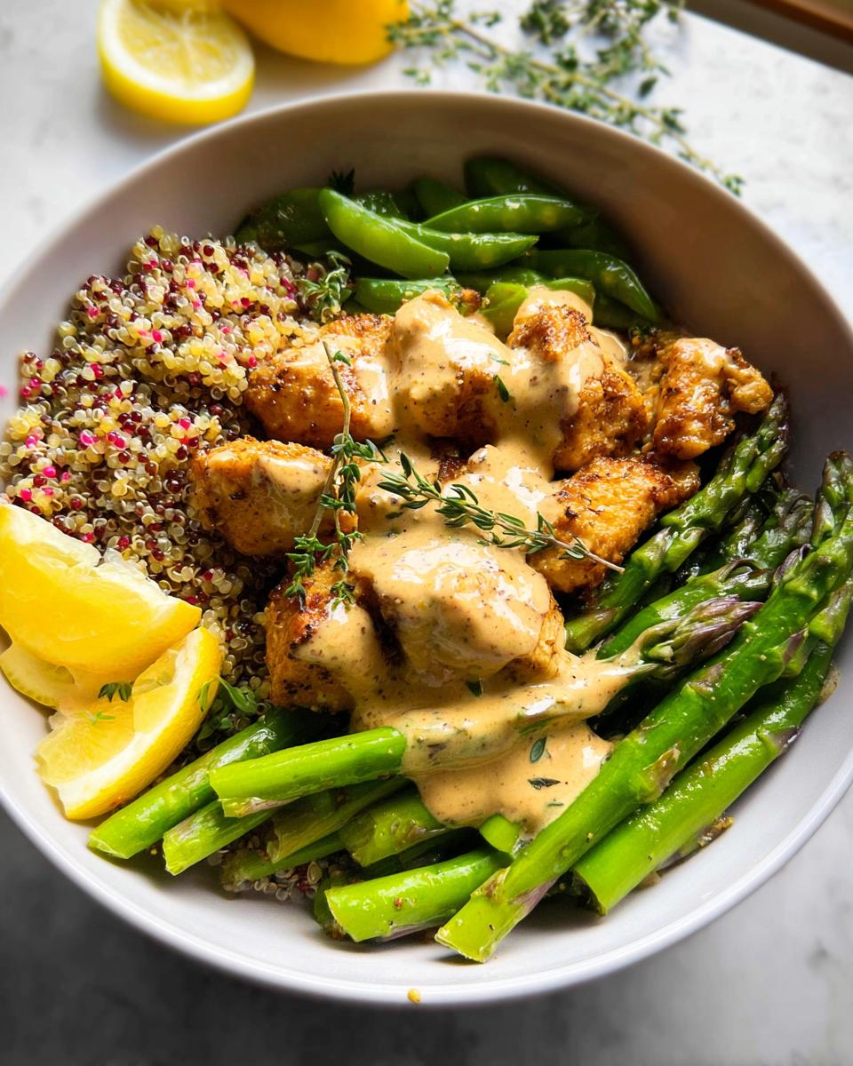 Close-up of a Healthy Lemon Garlic Chicken Meal Prep Bowl with quinoa, asparagus, and creamy sauce.
