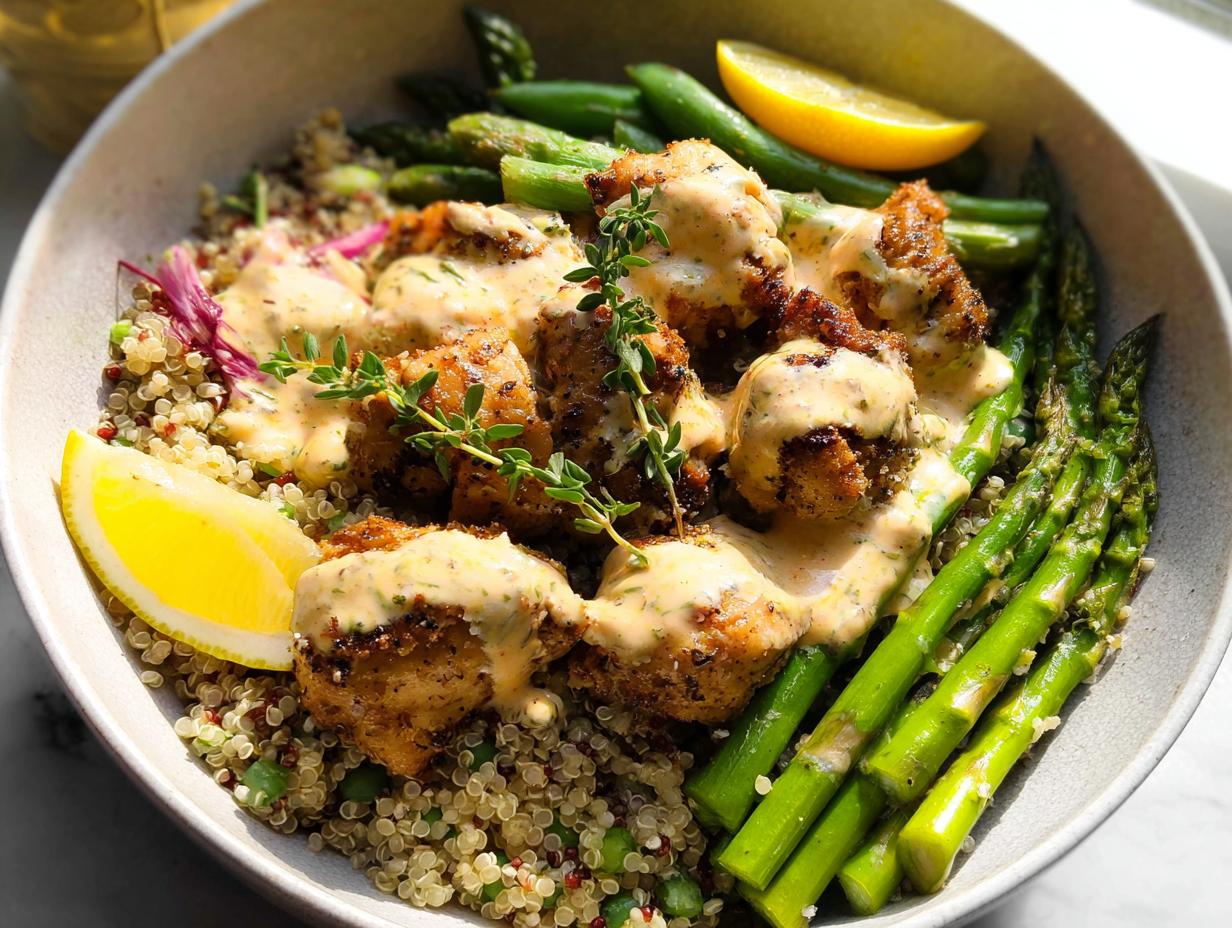 A close-up of a Healthy Lemon Garlic Chicken Meal Prep Bowl featuring seasoned chicken pieces, quinoa, asparagus, and a creamy sauce.