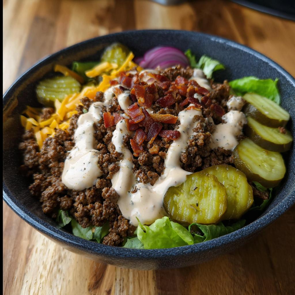 A close-up of a High-Protein Cheeseburger Bowls Recipe featuring seasoned ground beef, special sauce, bacon, and pickles.