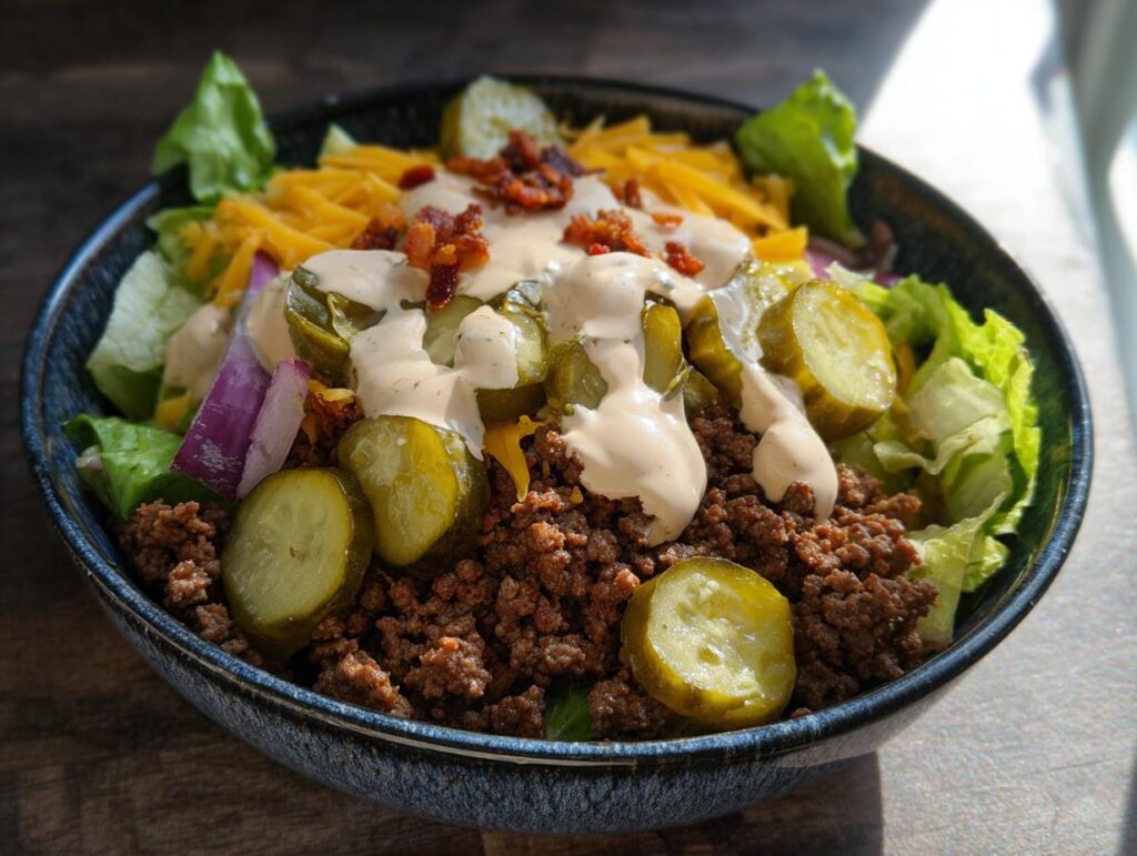 A close-up of a vibrant High-Protein Cheeseburger Bowls Recipe featuring ground beef, pickles, cheese, and sauce.