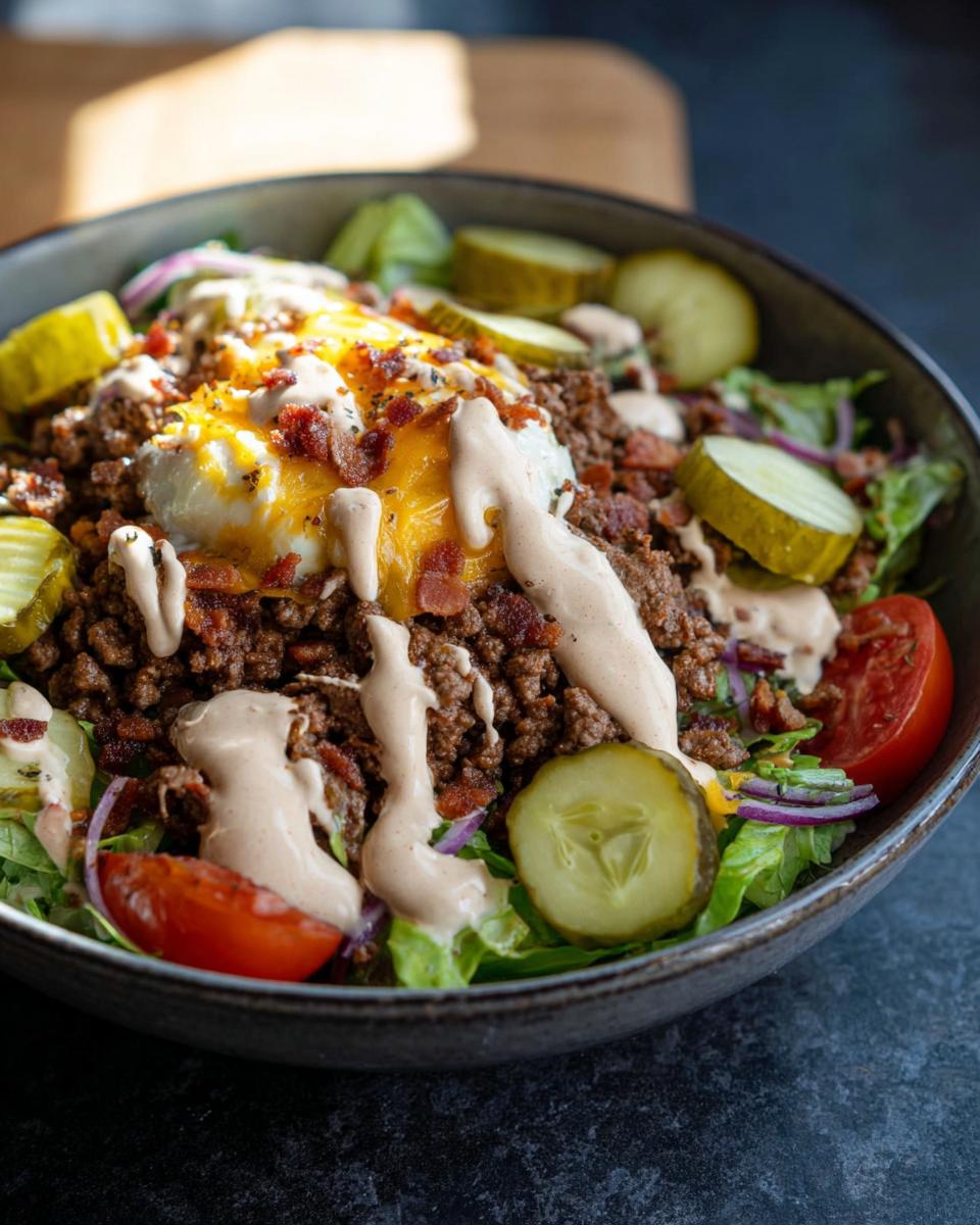 A close-up of a High-Protein Cheeseburger Bowls Recipe featuring seasoned ground beef, melted cheese, and a creamy sauce over lettuce.