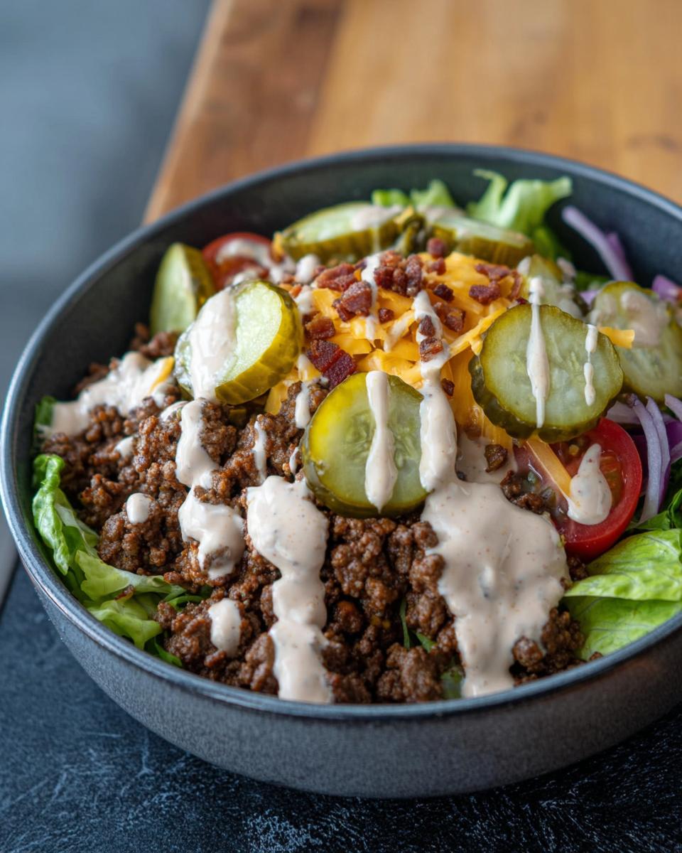 A dark bowl filled with a High-Protein Cheeseburger Bowls Recipe featuring ground beef, lettuce, pickles, cheese, and sauce.
