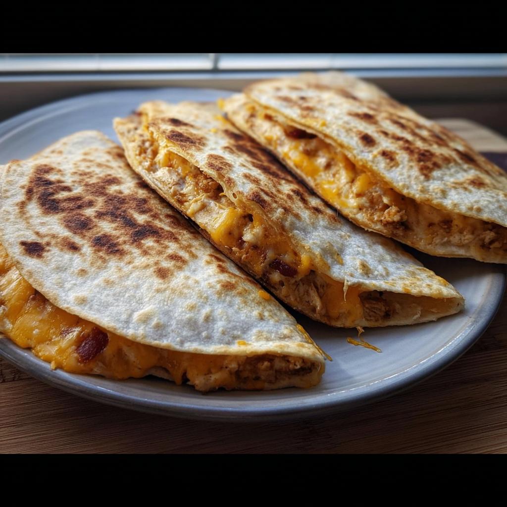 Three golden-brown halves of a High-Protein Chicken Ranch Quesadilla filled with melted cheese and chicken.