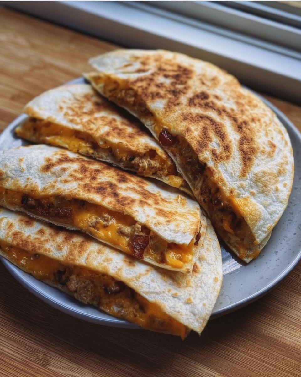 Four golden-brown slices of High-Protein Chicken Ranch Quesadilla filled with melted cheese and chicken.