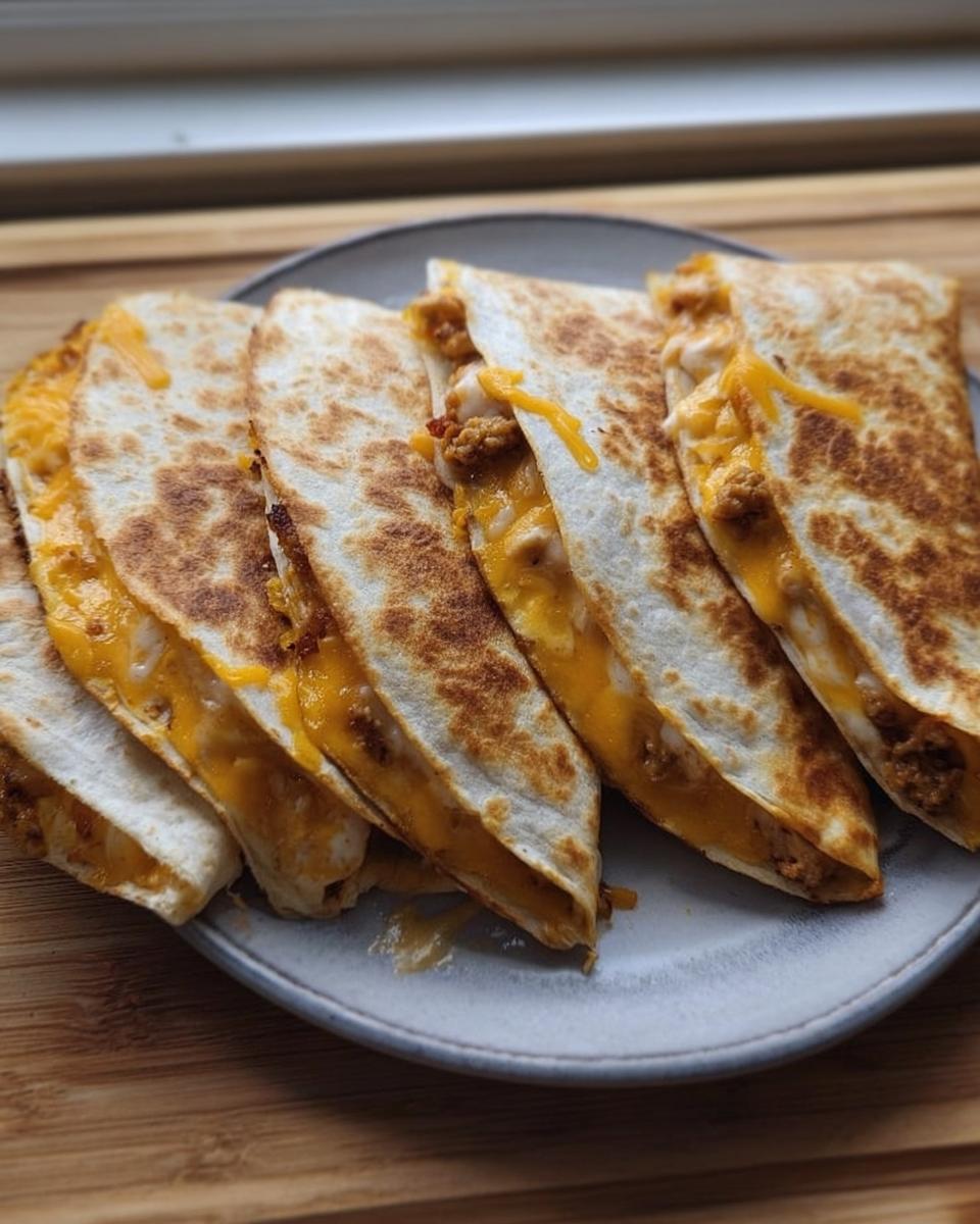 Several wedges of golden-brown High-Protein Chicken Ranch Quesadilla filled with melted cheese and chicken mixture.