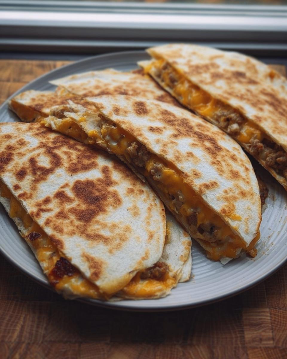 Several golden-brown slices of High-Protein Chicken Ranch Quesadilla filled with melted cheese and chicken mixture.