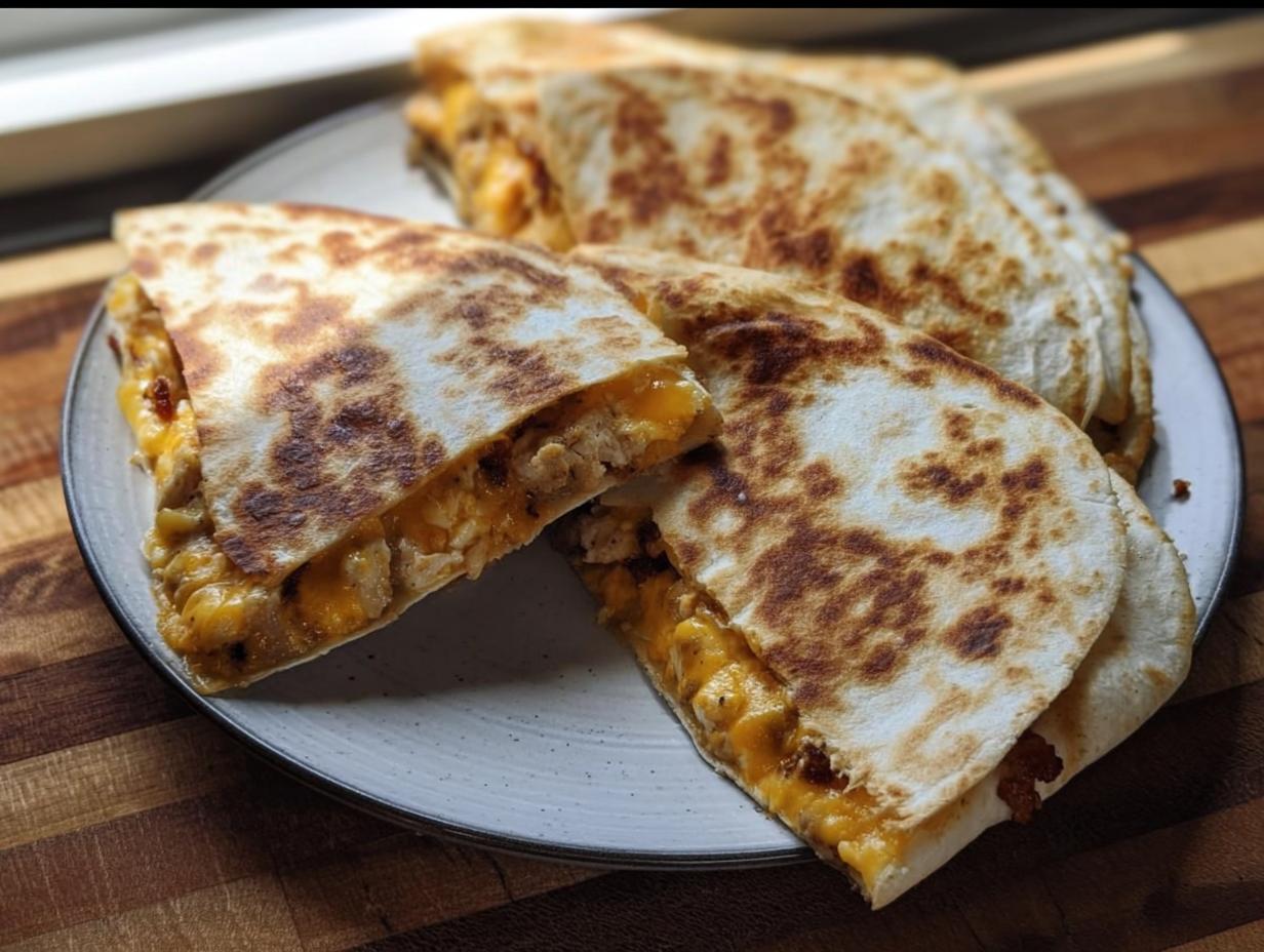 Close-up of golden brown High-Protein Chicken Ranch Quesadilla slices filled with melted cheese and chicken on a plate.