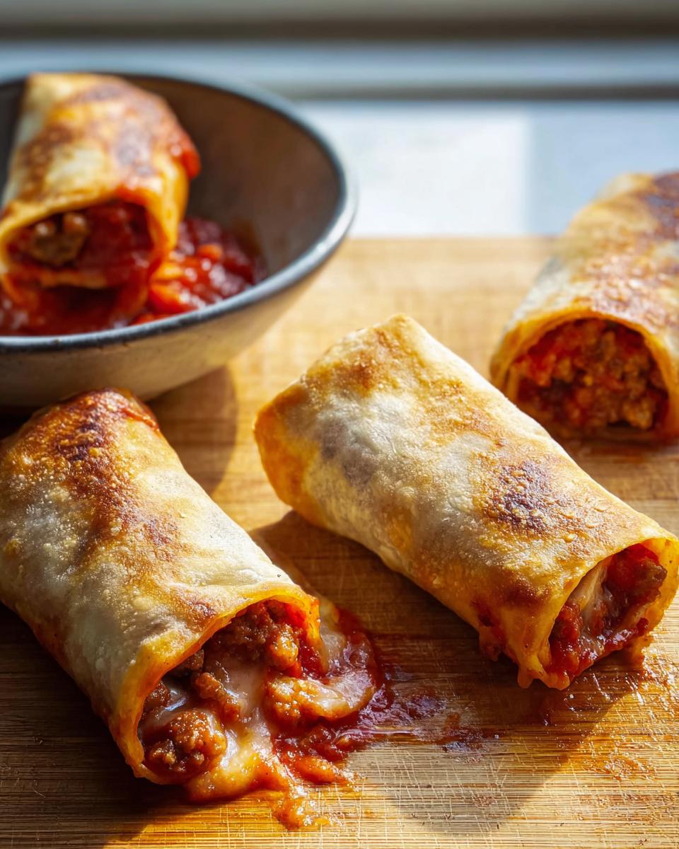 Three golden-brown HIGH PROTEIN Pepperoni Pizza Rolls served on a wooden cutting board with marinara sauce.