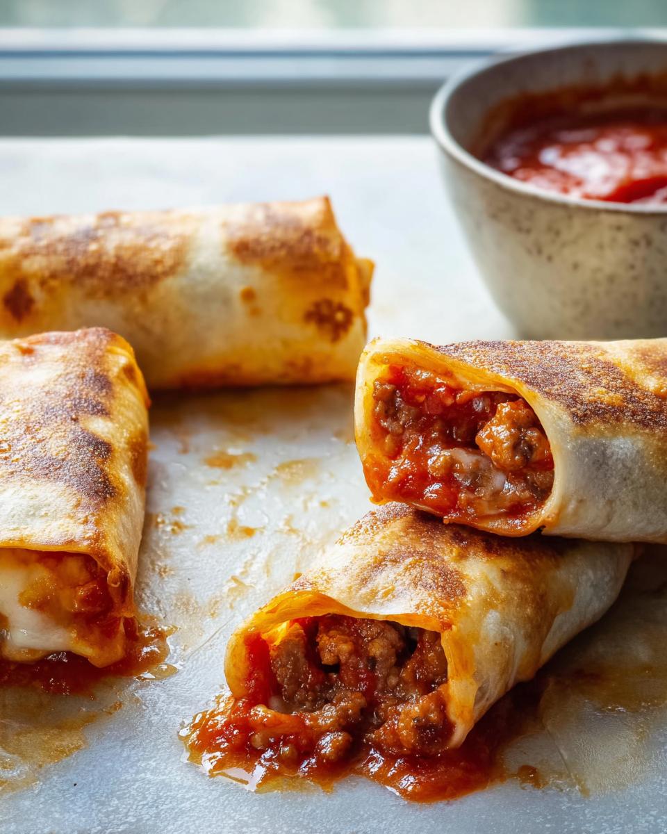 Close-up of crispy HIGH PROTEIN Pepperoni Pizza Rolls, one cut open showing melted cheese and meaty sauce.