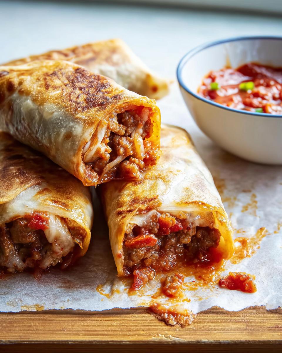 Close-up of two HIGH PROTEIN Pepperoni Pizza Rolls, one cut open showing cheesy, meaty filling and sauce.