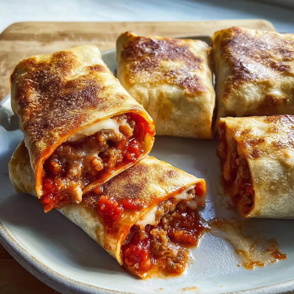Close-up of golden-brown HIGH PROTEIN Pepperoni Pizza Rolls, one cut open revealing melted cheese and meaty filling.