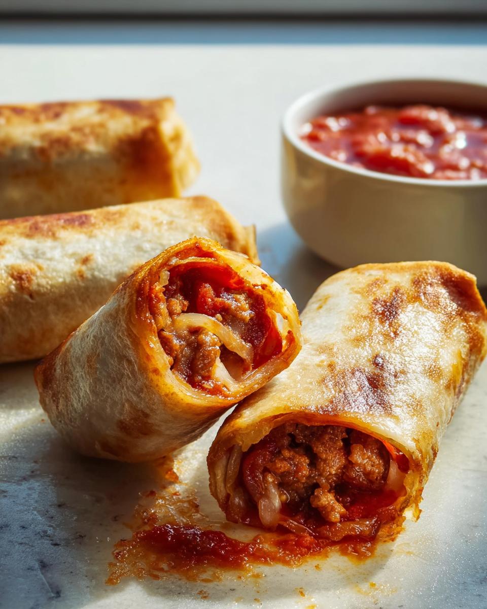 Close-up of HIGH PROTEIN Pepperoni Pizza Rolls, one cut in half showing the meaty filling and marinara sauce.