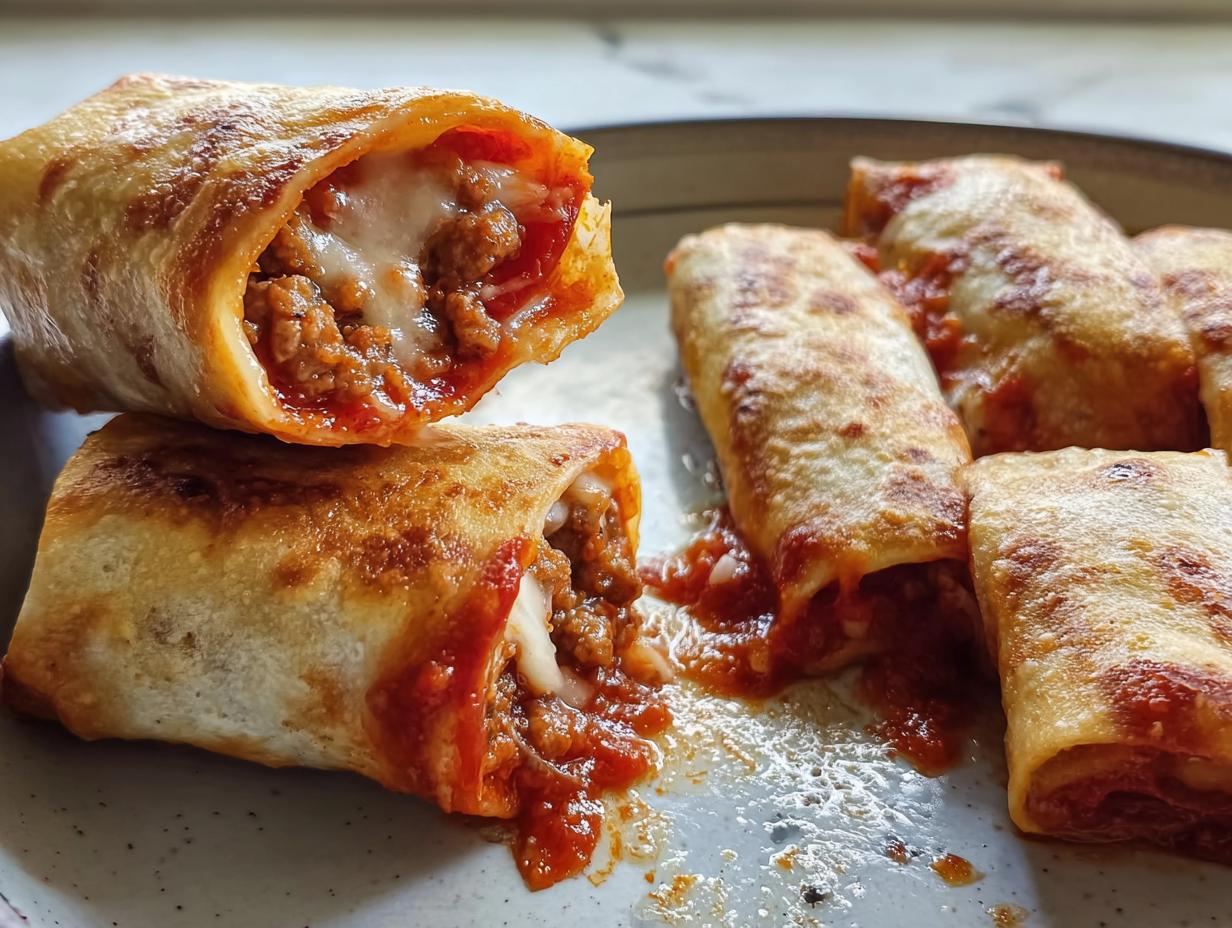 Close-up of two HIGH PROTEIN Pepperoni Pizza Rolls cut open showing melted cheese and savory filling.