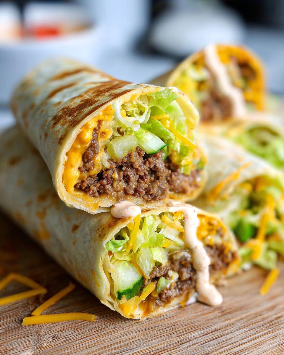 Two halves of Homemade Big Mac Wraps stacked, showing seasoned beef, lettuce, cheese, pickles, and sauce.